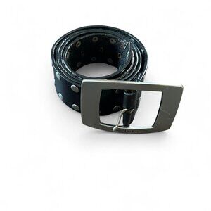 Vintage 90s black studded leather belt with a silver buckle,